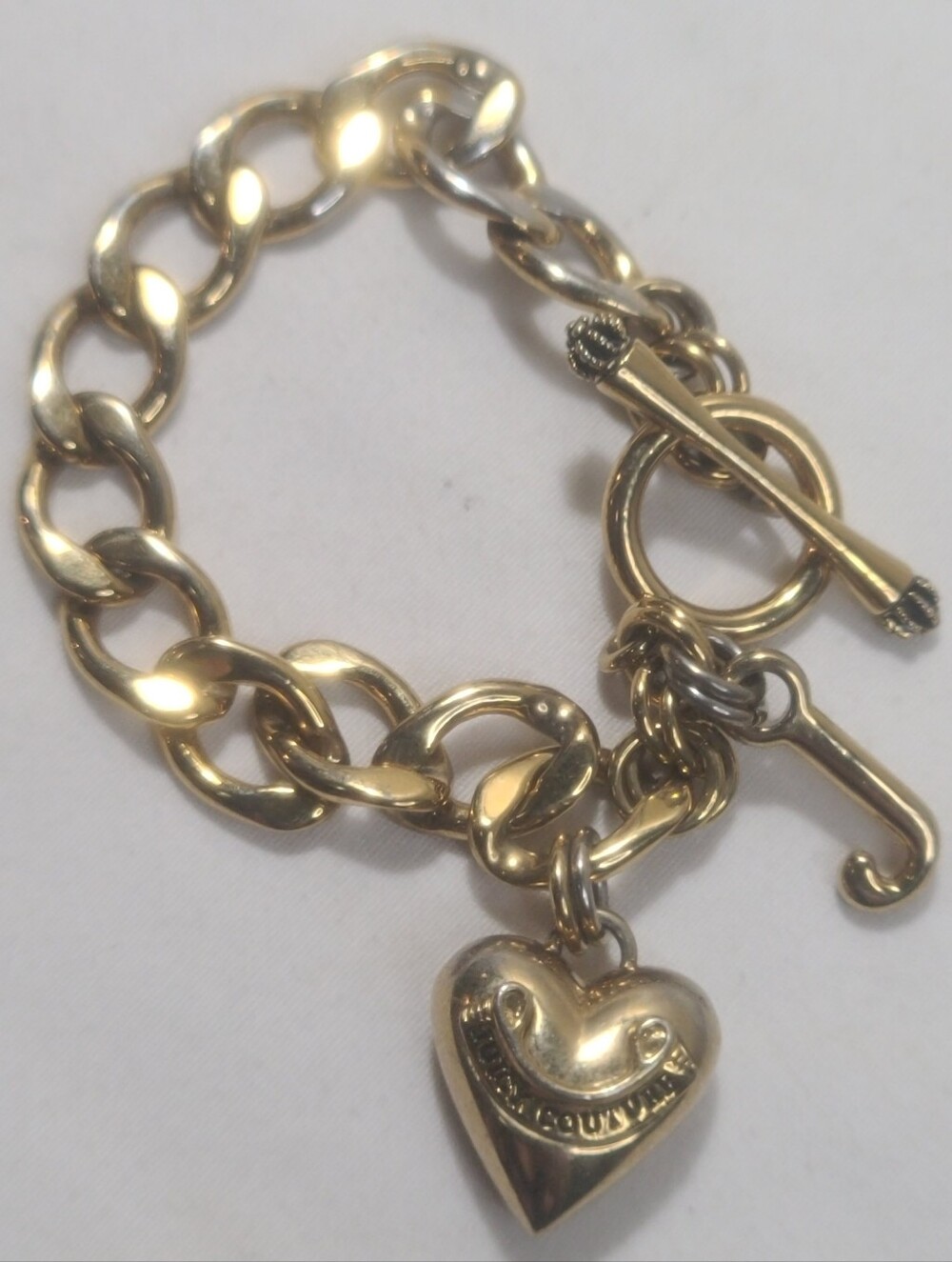 Vintage Y2K Juicy Couture Gold Chain-Link Heart Charm Toggle Bracelet